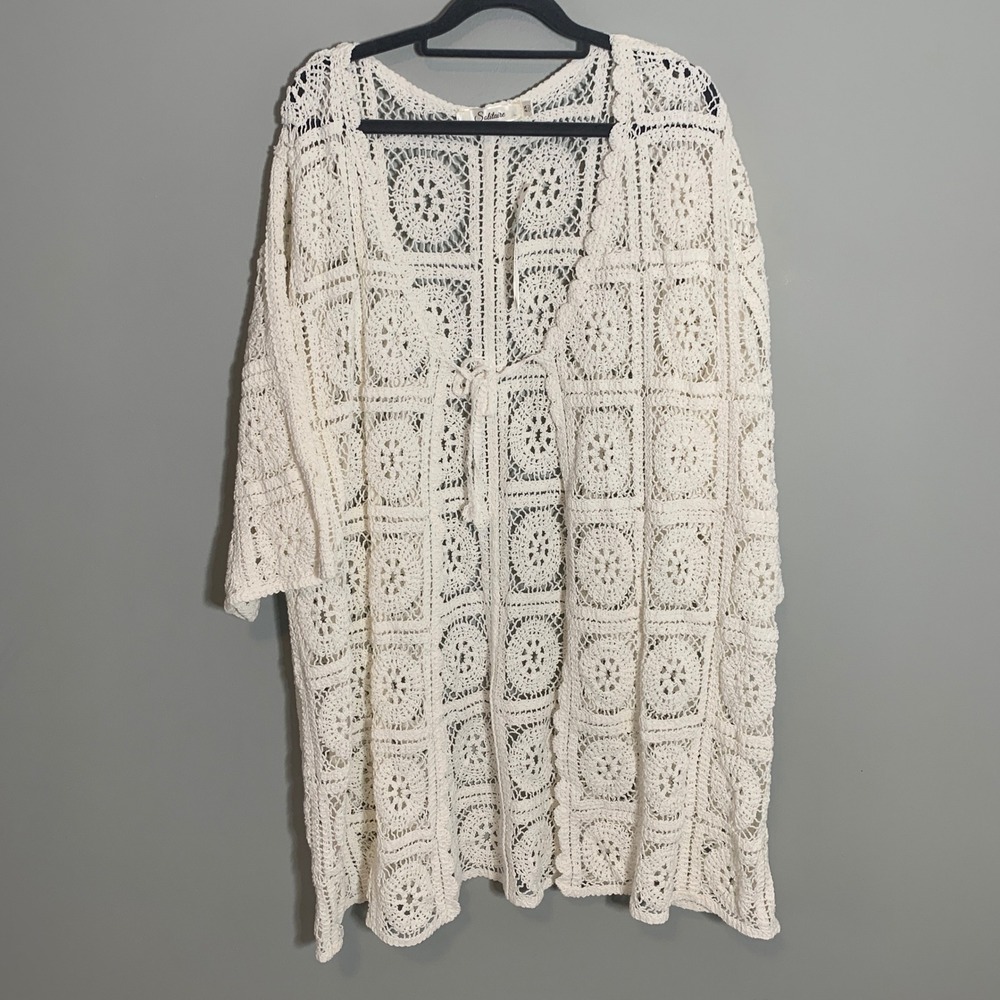 NEW Solitaire Ivory Crochet Kimono Cardigan Duster Boho Beach Cover Up‎ 2X